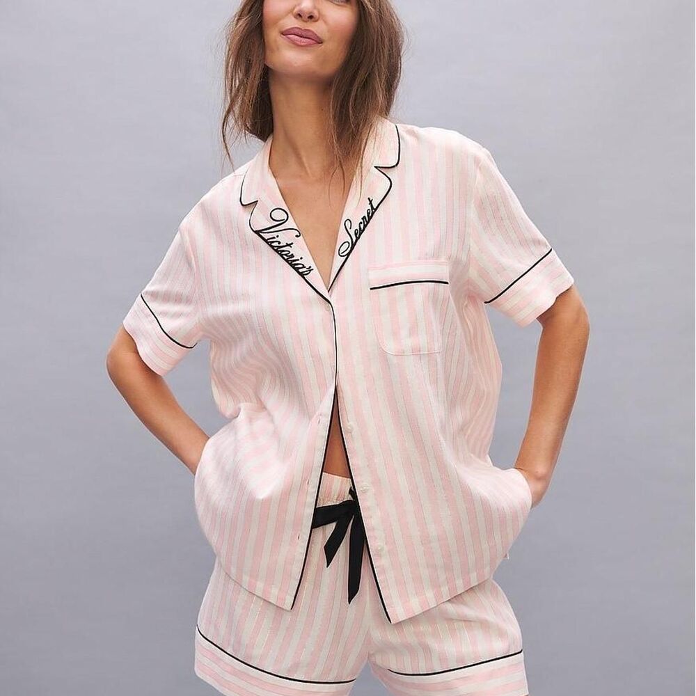 Victoria's Secret Flannel Pajama Set S Pink White Striped Shorts Sleepwear